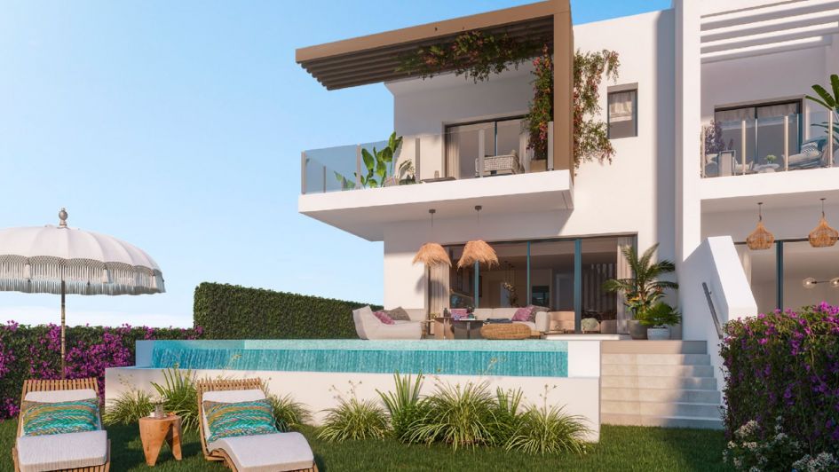Render de Soleia Living - Villas adosadas sobre plano en El Chapparal, Mijas Costa, con vistas panorámicas al mar