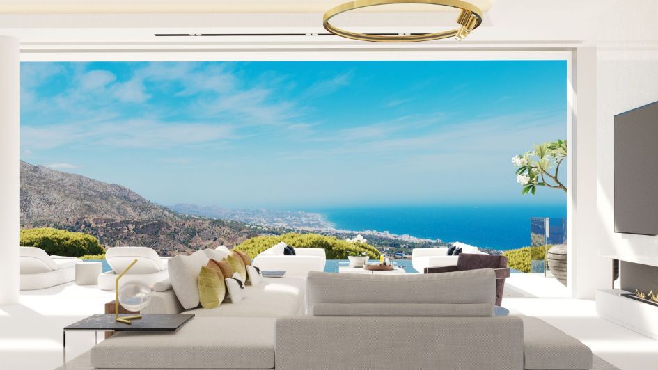 Render del salón de Vista Lago con vistas panorámicas al mar Mediterráneo, en Real de La Quinta, Benahavís, Costa del Sol