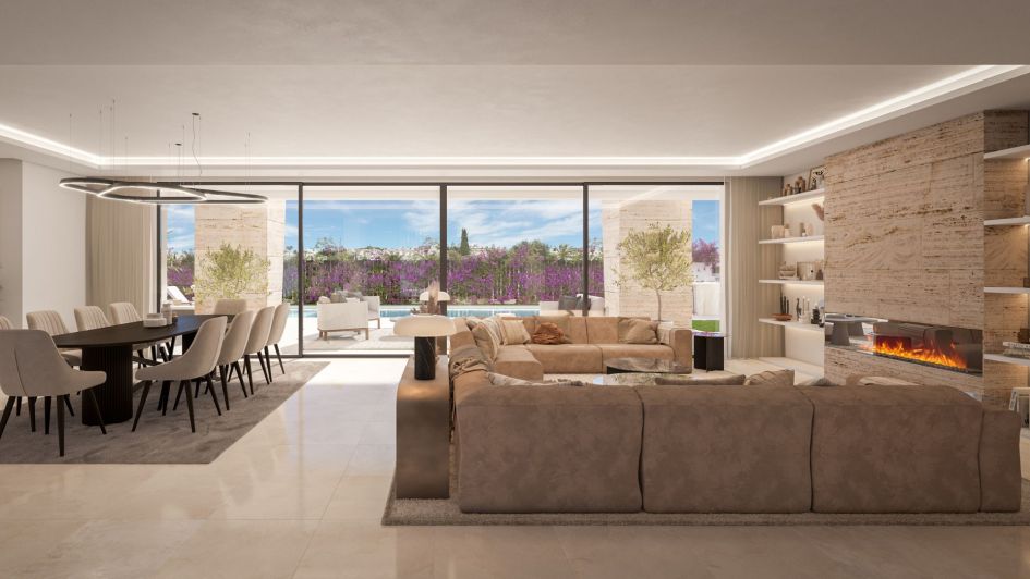 Render de salón moderno en Club Vasari El Campanario, Estepona Este