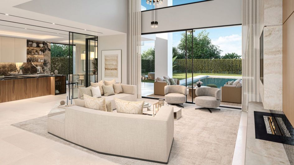 Render de salón moderno en Imagine Off-Plan Villas en Estepona Este