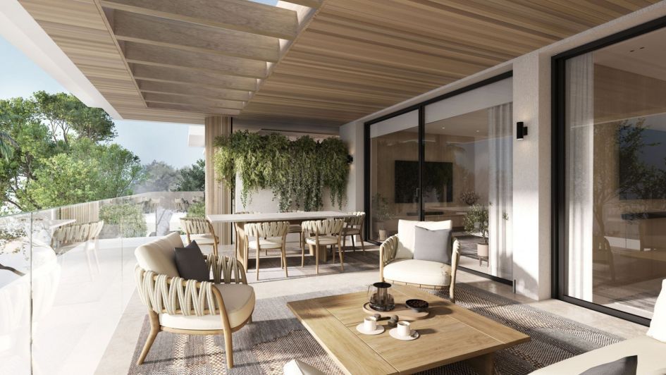 Render de la terraza del apartamento de lujo Essence en la Nueva Milla de Oro, Estepona