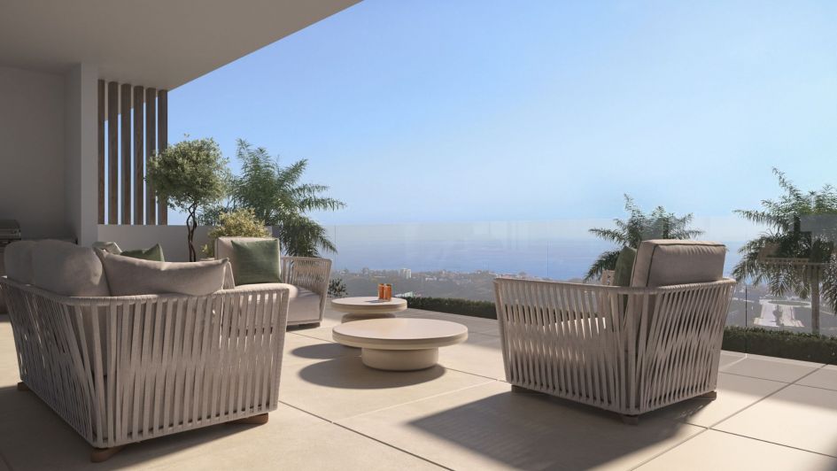 Render del balcón con vistas al mar de los apartamentos sobre plano Royal Park en Selwo, Estepona
