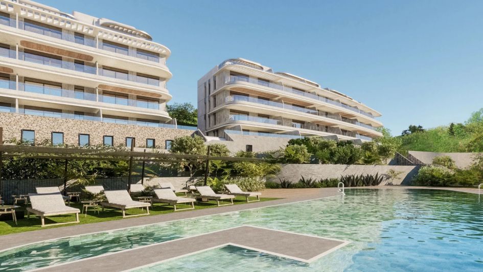 Render de los apartamentos de lujo Kove y la piscina comunitaria en Mijas Costa, cerca de Fuengirola, en la Costa del Sol