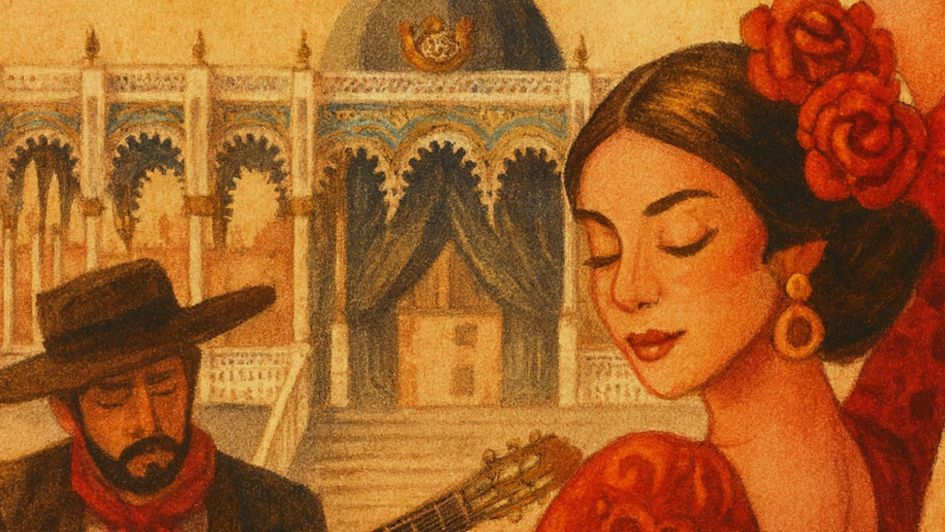 Drawing of ferias de Málaga - Andalusian local fairs celebrating flamenco, music, food and local Costa del Sol culture