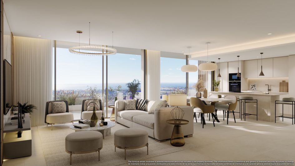 Render del salón con vistas panorámicas al mar en los apartamentos de lujo Romero, en construcción, en La Quinta, Benahavís