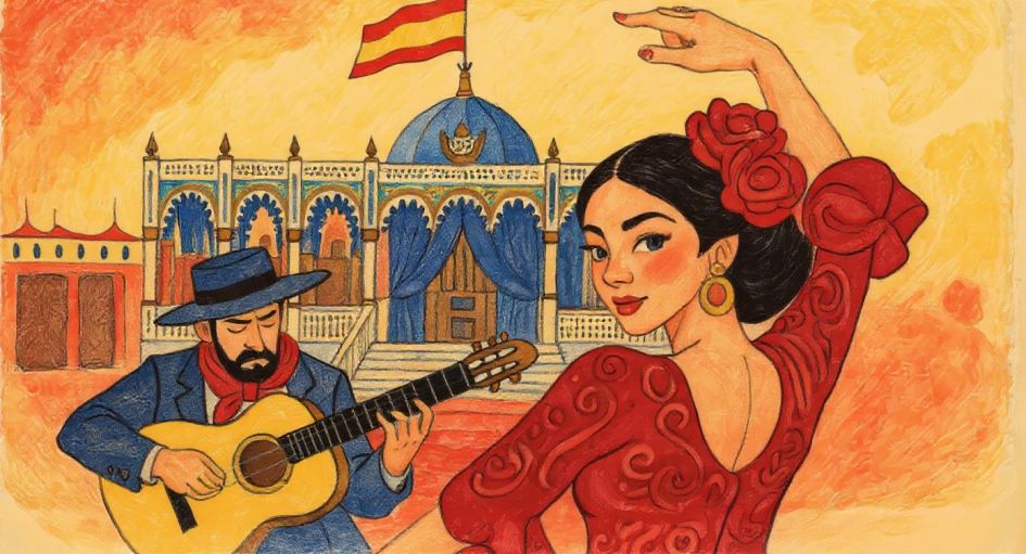 An image of flamenco dancer and guitarist infront of seville palace with spanish flag... Marbella and Malaga Ferias - Andalusian fairs on the costa del sol