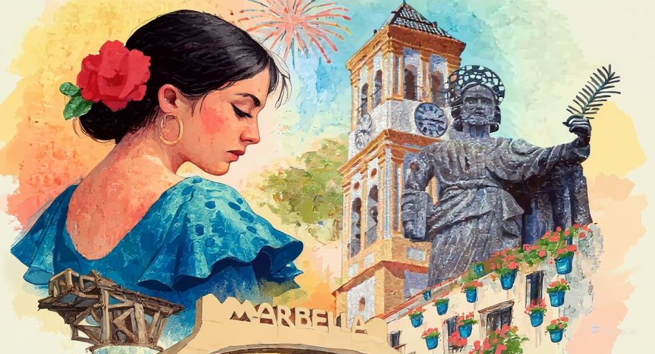 Drawing of Feria in Marbella, showing a flamenco dancer, statue, marbella arch and a famous wall of potted geraniums