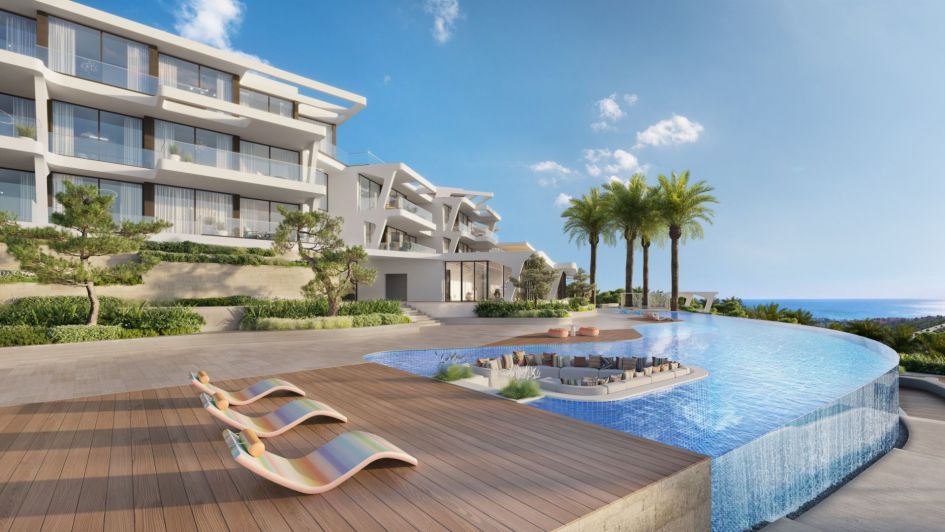 Rendering des Gemeinschafts-Infinity-Pools mit Blick auf das Mittelmeer in den Marea-Residenzen, Design von Missoni, Finca Cortesin, Casares Golf
