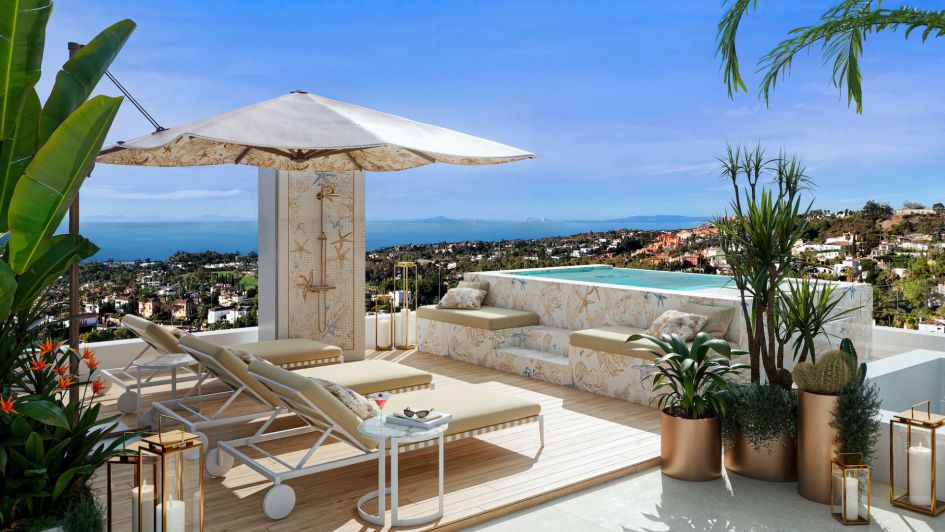 Rendering der Dachterrasse mit Tauchbecken und Blick auf das Mittelmeer in Ocho de Oro, Innenarchitektur von Versace Home, Nueva Andalucía, Marbella
