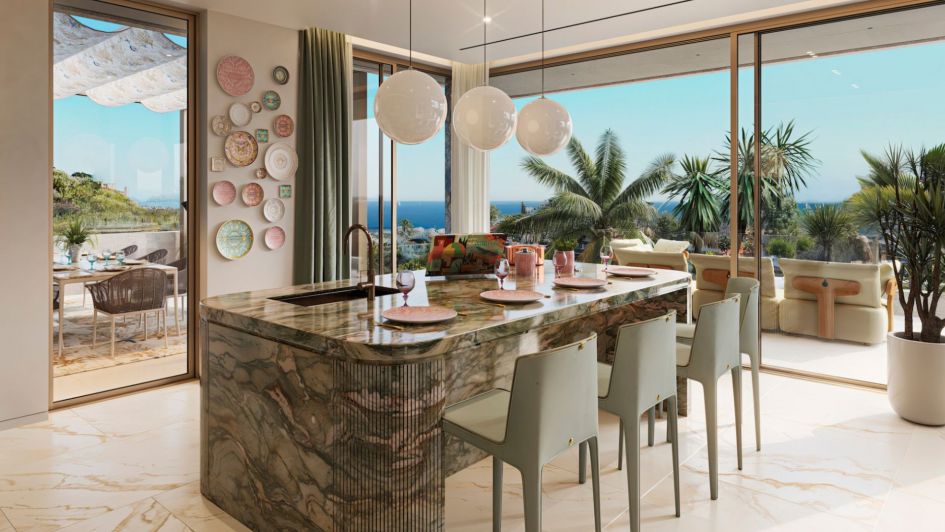 Rendering der Küche mit Blick auf das Mittelmeer in den Ocho de Oro Villas, Markenresidenzen, Innenarchitektur von Versace Home, Nueva Andalucía, Marbella