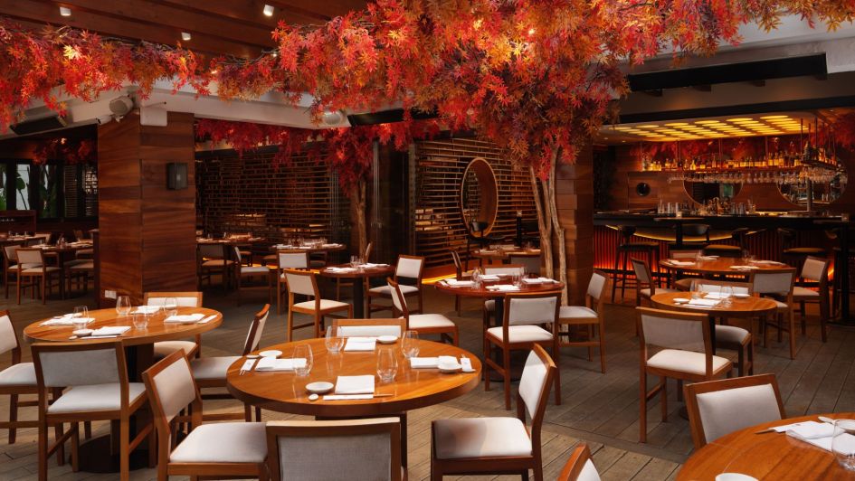Stylish warm Japanese interior decoration at Nobu world-class Japanese restaurant, Puente Romano, Marbella Golden Mile