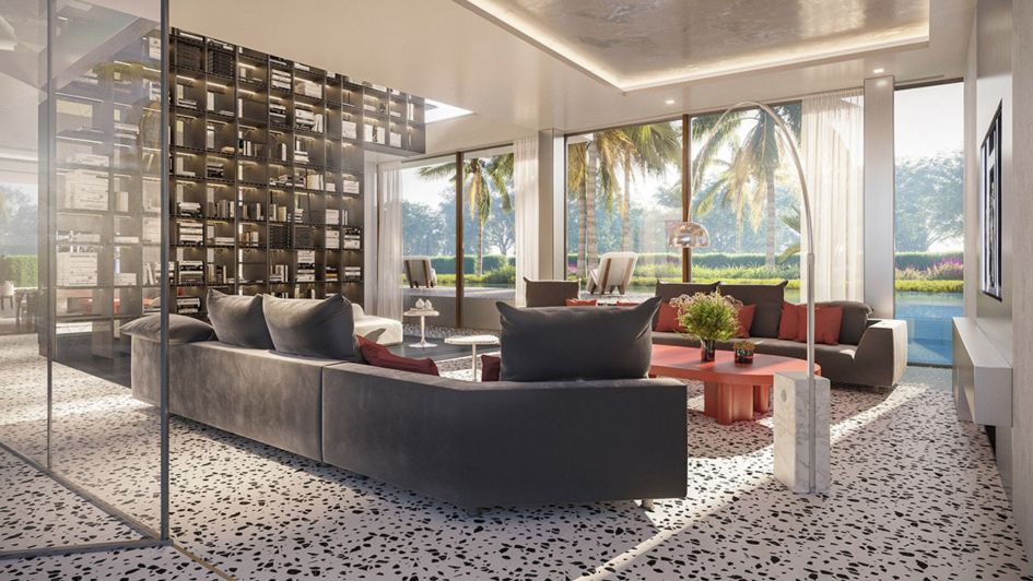 Rendering des Wohnzimmers mit Bibliothek in den Villen der Marke Karl Lagerfeld, Marbella Golden Mile