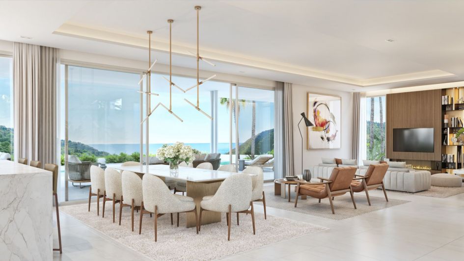 Rendering eines modernen Wohnzimmers mit Meer- und Bergblick in der Villa „The Gallery by Minotti” in Ojén