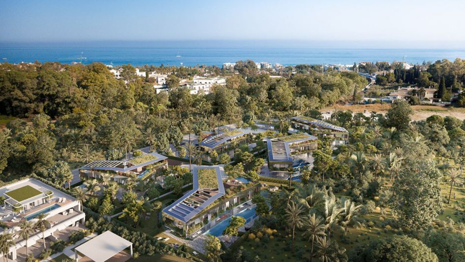 Luftaufnahme der Karl Lagerfeld Villen mit Meerblick, Marbella Golden Mile