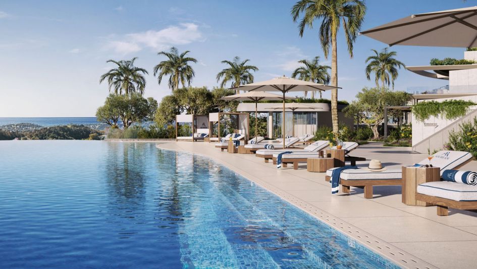 Rendering des Gemeinschaftspools mit Meerblick und Palmen von Azurean, Destination by Hyatt Residences, Bernahavís