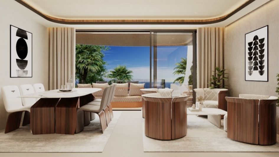 Rendering der Innenräume der Markenwohnungen Aída by Bentley Home mit Meerblick in Marbella Golden Mile