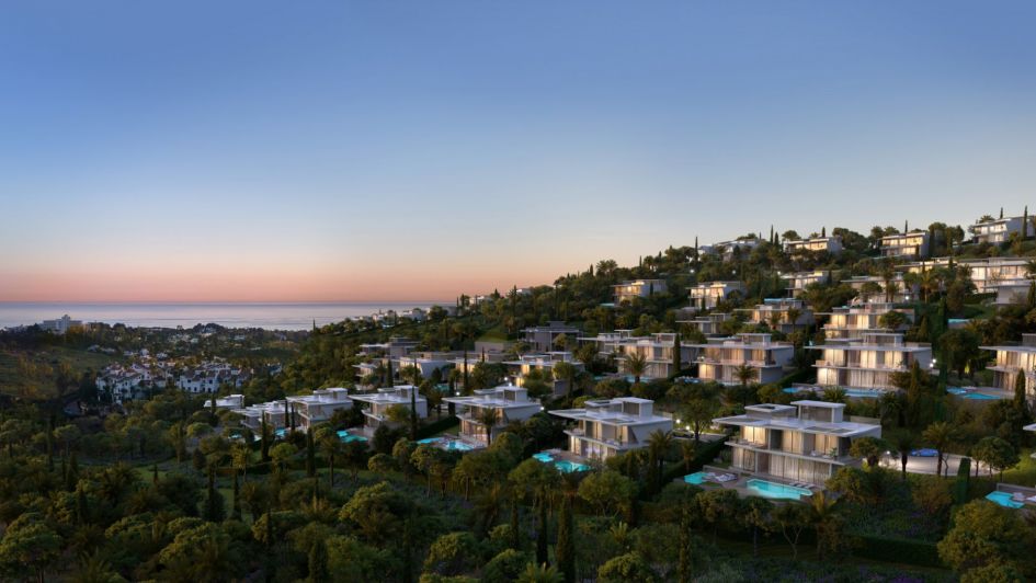 Rendering der Lamborghini-Villen der Marke Tierra Viva, Seitenansicht der Anlage auf dem Berg mit Meerblick La Alquería, Benahavís