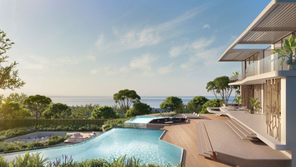 Rendering des privaten Swimmingpools mit Meerblick in der Markenresidenz Tierra Viva Lamborghini Villa, La Alquería, Benahavís