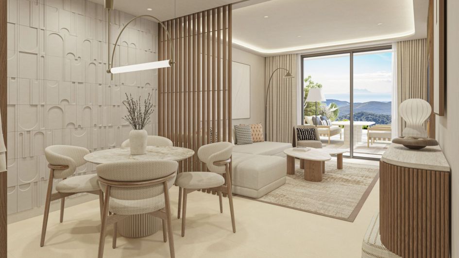 Rendering des Wohnzimmers mit Meerblick von Azurean Marbella, Destination by Hyatt Residences, Bernahavís