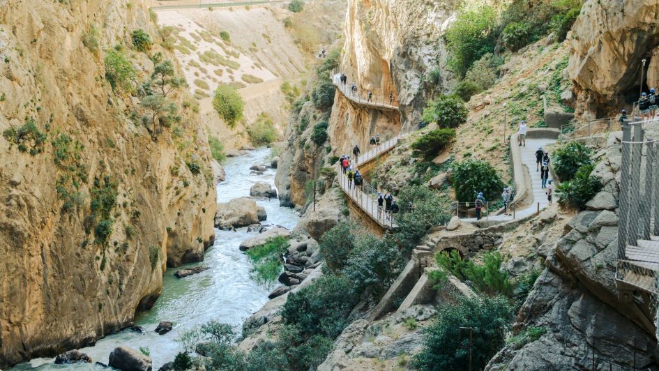 The gorge and people doing the Caminito del Rey in Ardales National Park, Andalusia