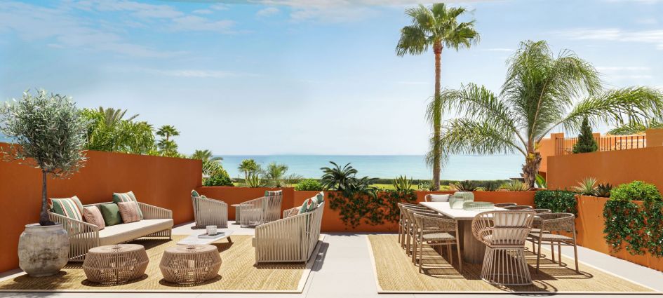 La Morera beachfront luxury apartment, terrace with al fresco dining and Kettal furniture in Los Monteros beach, Marbella, Costa del Sol, Málaga