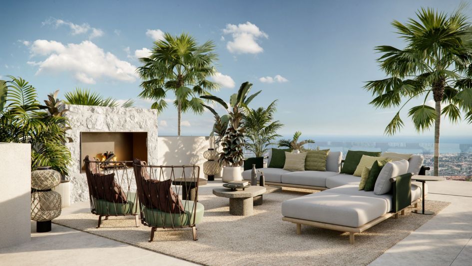 Outdoor living area in The Avenue off-plan villa development, Nueva Andalucía