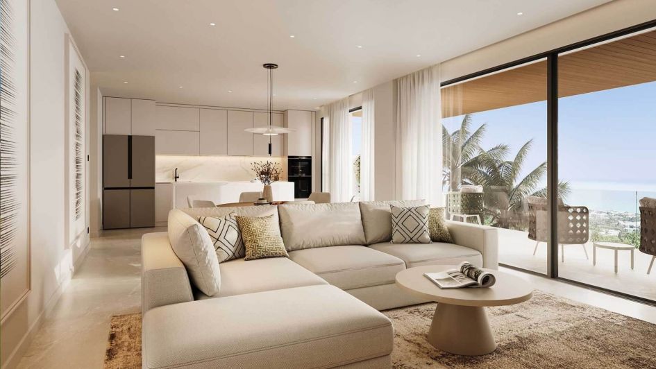 Living room of apartment with sea views in Emerald View in Mijas, Costa del Sol