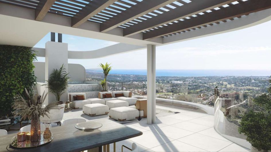 Render of rooftop with panoramic views in Enebros luxury off-plan apartments new development in Real de la Quinta, Benahavís, Costa del Sol