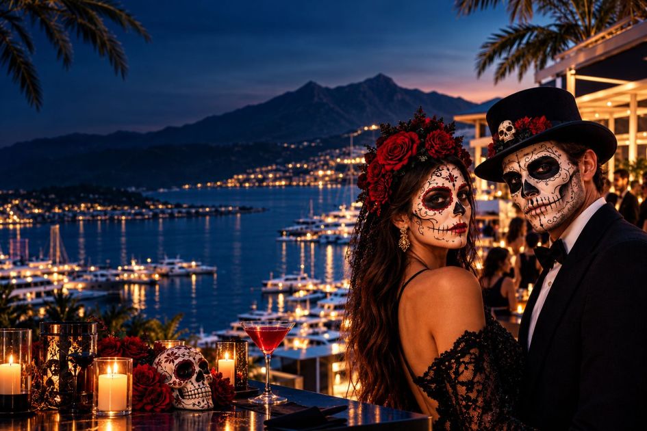 Marbella Halloween imaghe showing Puerto Banus backdrop