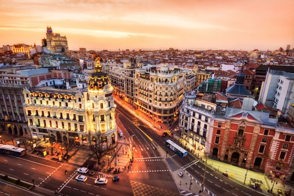Aerial view of Gran Via in Madrid at dusk