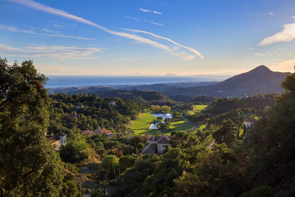 View of the golf at La Zagaleta with the Mediterranean in the distance