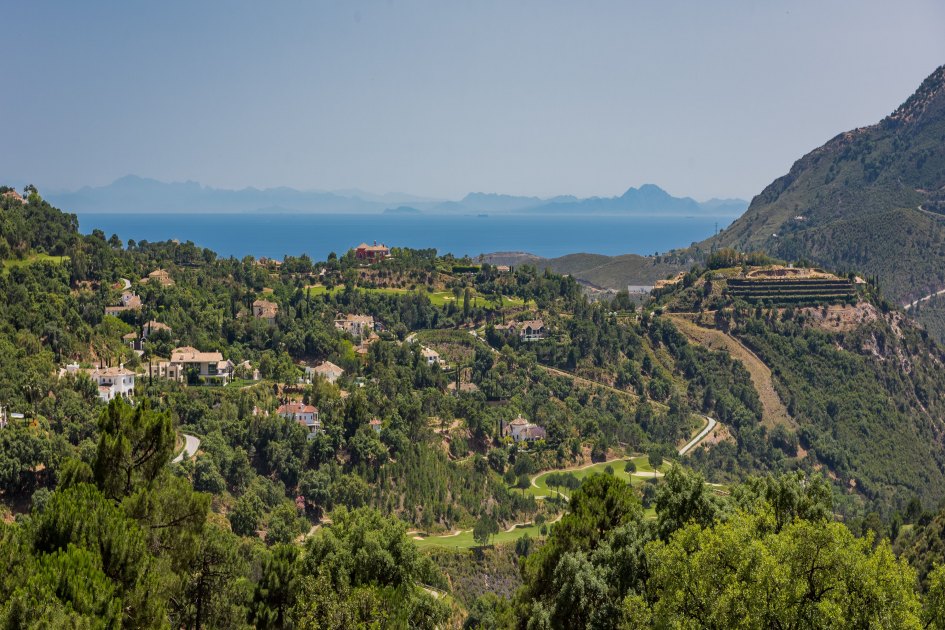 View of La Zagaleta Golf in Benahavis with The Mediterranean, Gibraltar and Morroco in the distance.