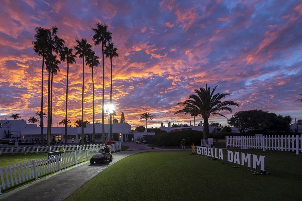 a golf cart on a lawn with palm trees and a pink and purple sunset in Sotogrande