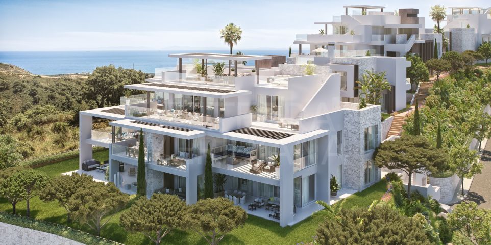 Apartamento nuevo de 2 dormitorios en planta baja con vistas al mar en venta en Ocean Hills, Marbella