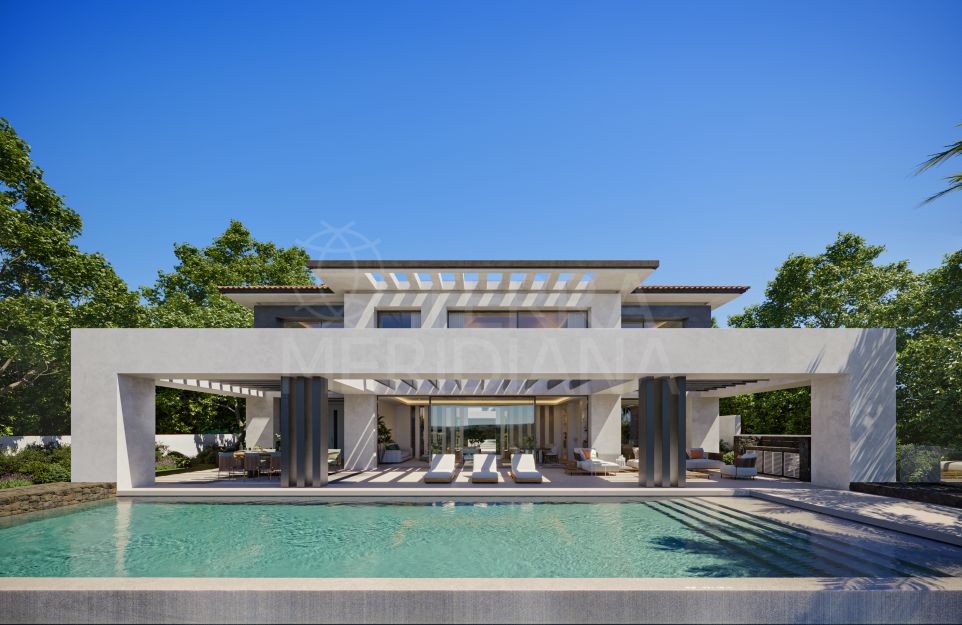 Inspirada nueva villa arquitectónica con vistas al mar y a la montaña en venta en La Quinta, Benahavis