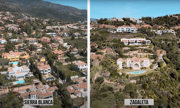 Photograph comparing aerial photographs of La Zagaleta and Sierra Blanca 
