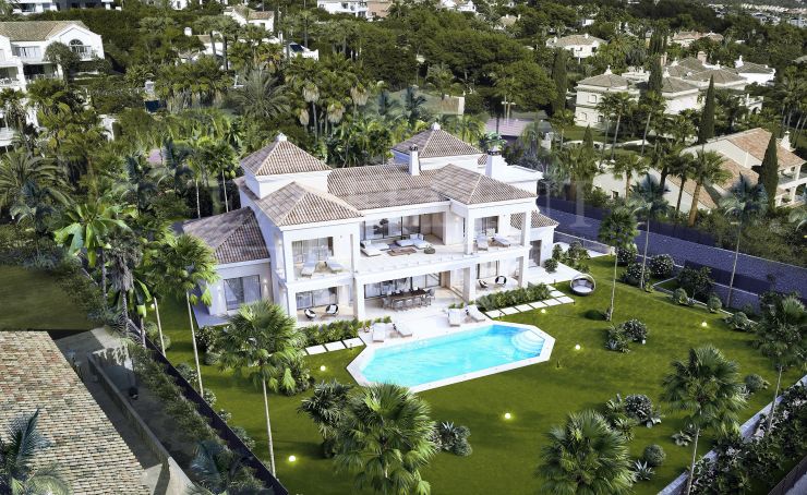Nieuw gebouwde villa met traditioneel exterieur en eigentijds van binnen in Sierra Blanca, Golden Mile, Marbella